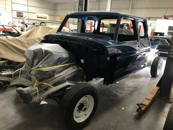 Truck body during paint process in restoration shop