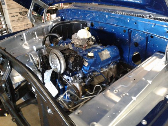Completed blue engine installation in painted engine bay