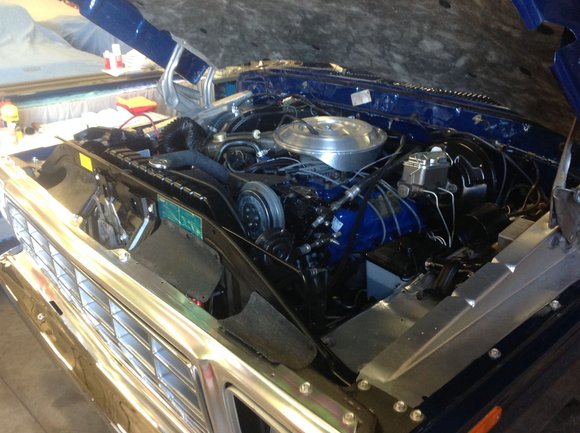 Completed and detailed Ford 400 V8 engine in finished engine bay